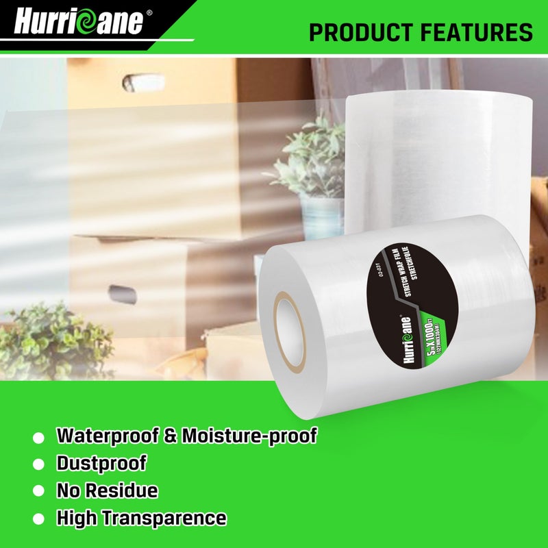 HURRICANE Stretch Wrap Film Refill Rolls, Clear Stretch Wrap Refill Roll, 2 Pack 80 Gauge Thick 5 inch 1000 ft, Clear Plastic Pallet Shrink Film, Stretch Plastic Wrap for Packing, Moving, Storage - Image 4